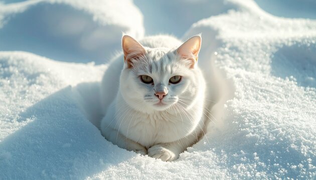 雪の上で日向ぼっこする白猫 / White cat sunbathing on snow
