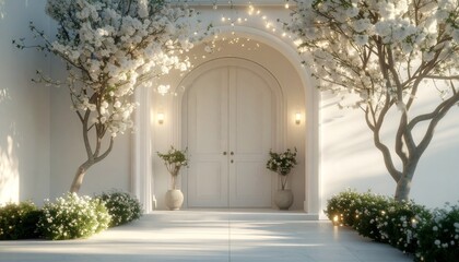 Fototapeta premium 白い花に彩られたアーチと扉の幻想的なウェディング風景 Dreamy Wedding Scene with White Floral Arch and Doorway 