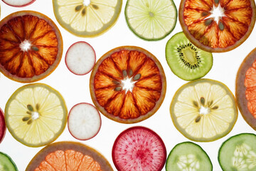 Artistic arrangement of translucent blood orange, lemon, cucumber, and kiwi slices illuminated from behind showing detailed pulp structure.