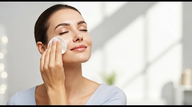 Woman removing makeup with cotton pad and cleansing solution, beauty routine for skin care