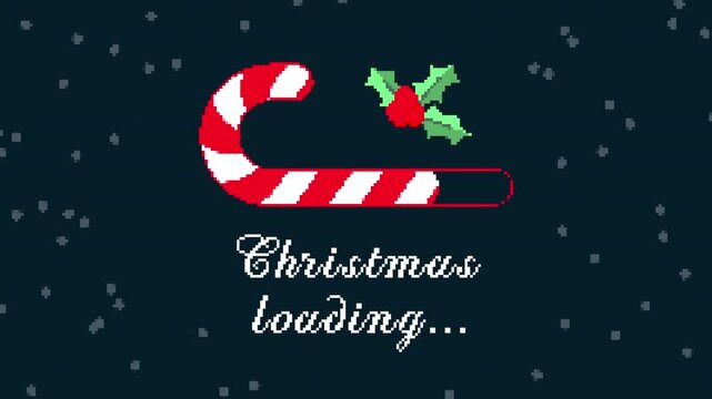 Loading Candy Cane Christmas Pixel Animation on Blue Background with Snowfall and Holly Branch- 4K Video 12 second Loop Horizontal
