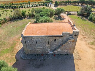 Side view of Santa Maria di Sibiola Church in Serdiana. Sardinia, Italy