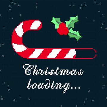 Loading Candy Cane Christmas Pixel Animation on Blue Background with Snowfall and Holly Branch- 4K Video 12 second Loop Square
