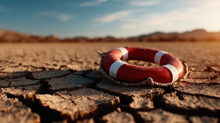 A solitary lifebuoy rests on parched, cracked earth, representing the growing crisis of water scarcity and environmental degradation facing our planet today.