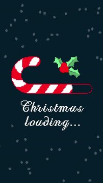 Loading Candy Cane Christmas Pixel Animation on Blue Background with Snowfall and Holly Branch- 4K Video 12 second Loop Vertical