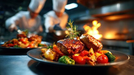 A beautifully plated gourmet steak dinner is prepared with colorful vegetables, showcasing culinary artistry and enticing food presentation for a fine dining experience.