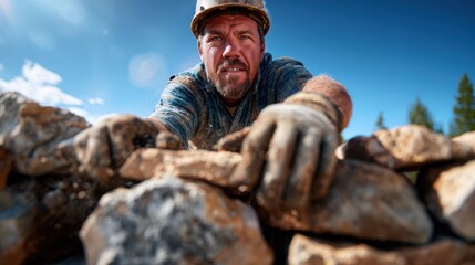 A rugged man intently laying stones in an outdoor setting, highlighting the dedication and effort required in manual labor amidst a clear blue sky and natural surroundings.