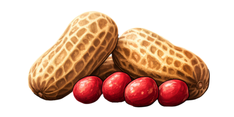 Peanuts and small red objects on transparent background