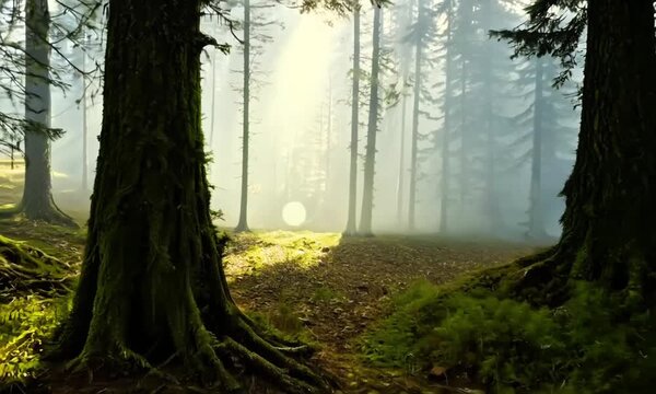 Kabut pagi hari dihutan di sinari matahari 