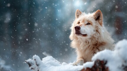Naklejka premium A stunning arctic wolf gazes upward amidst gently falling snow, highlighting the beauty of nature and the essence of winter wilderness in a serene forest setting.