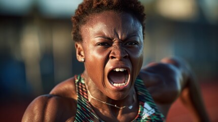 Fototapeta premium A powerful image of a female athlete sprinting on a track, showcasing determination and strength while conveying the intensity of competitive sports and human spirit.