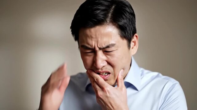 Expressive Asian Man Experiencing Pain And Discomfort In Close-Up Shots
