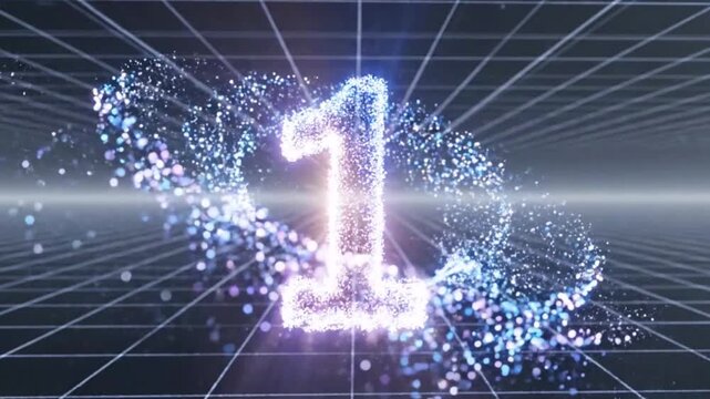 Glowing particles form the number one in a futuristic countdown. Digital animation for an intro or top rank reveal. Abstract technology background