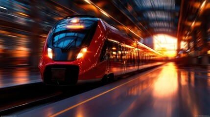 A striking high-speed train racing through a modern station bathed in sunset light, representing advancement in transportation and urban life.