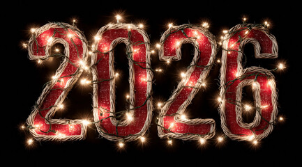 2026 red numbers with white string lights around them, cinematic, ultra-detailed photorealistic New year banner.