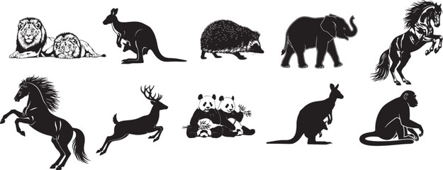 Fototapeta premium Silhouettes of diverse animals including mammals and wildlife
