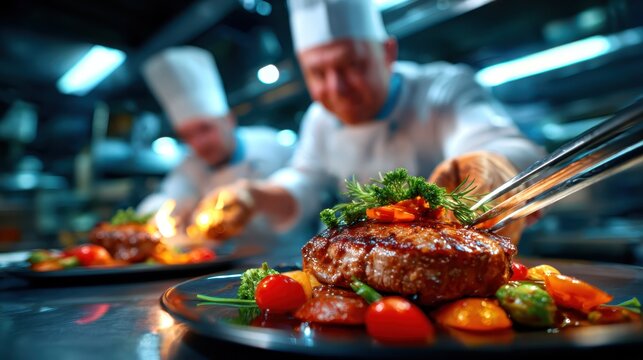 Two chefs meticulously preparing gourmet dishes in a modern kitchen, highlighting the art and skill of culinary craftsmanship with vibrant vegetables and passionate teamwork. - Powered by Adobe