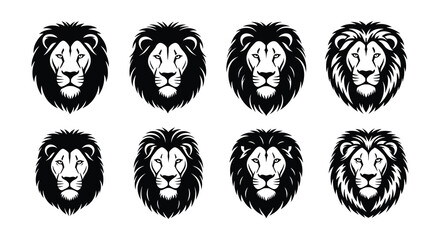 Eight black and white illustrations of majestic lion heads in various poses