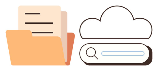 Folder housing documents beside a cloud design with a search bar, representing organization, online storage, file sharing, data retrieval, teamwork, technology, and simplicity in a flat metaphor