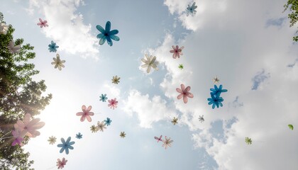 花の形の風船が空に浮かんでいる光景、パステルカラーのかわいい世界
Scene of flower-shaped balloons floating in the sky, pastel-colored cute world