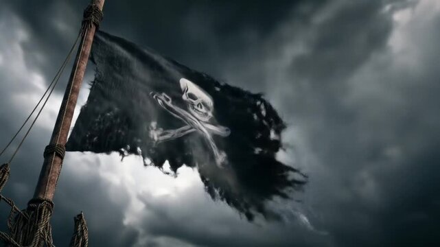 Dark storm clouds churn as a tattered black flag flaps atop a ship's mast in fierce wind. moody sky