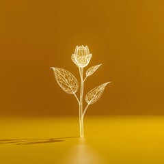 Neon Glow Wireframe Flower Illustration on Golden Background