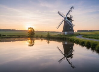 Beautiful Windmill at Sunrise with Reflection in Calm Water