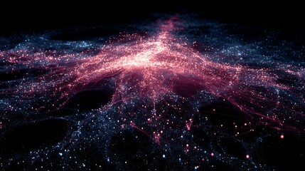 Quantum universe visualization particles forming galaxy clusters abstract link between physics matter mind surreal educational design