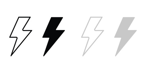 Four Lightning Bolt Icons In Black Gray and Outline vector On Transparent Background