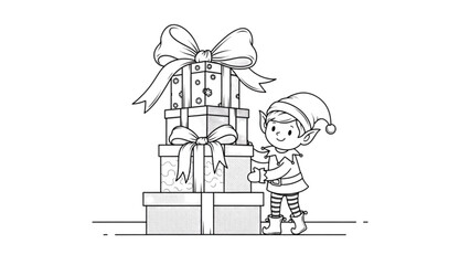 Fototapeta premium Elf Stacking Colorful Presents Coloring Page with Oversized Bow in Simple Cartoon Line Art.svg