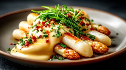 An appetizing arrangement of gourmet asparagus topped with creamy sauce and herbs, beautifully styled on a plate, inviting culinary exploration and stimulating the taste buds.