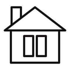 Outline drawing of a classic house with a pitched roof, chimney, and two identical, rectangular windows placed side-by-side. Related to residential structure, property listing, architectural detail