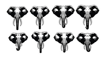 A pattern of eight elephant head illustrations in black and white