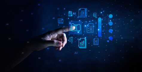 Hand touch on the virtual screen AI business database system processes online marketing investment plans That is connected as a network in the organization Concept of business base system development