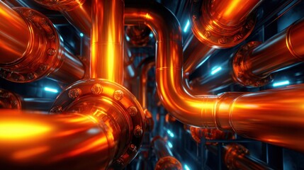 Close-up view of vividly lit copper pipes in an industrial setting, highlighting the complexity and beauty of modern plumbing and infrastructure within built environments.