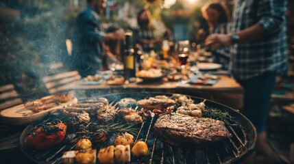 Fototapeta premium friends enjoying bbq meal in backyard with grilled delights