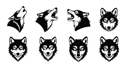 Collection of monochrome wolf head illustrations in various poses and expressions