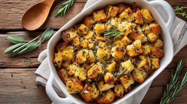 top view of herbinfused bread stuffing in a white casserole dish with sage and rosemary sprigs on a rustic wooden table holiday flavors