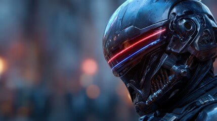 A close-up view of a sleek, futuristic robot helmet featuring striking neon accents, embodying technological advancement and a glimpse into a sci-fi inspired future.