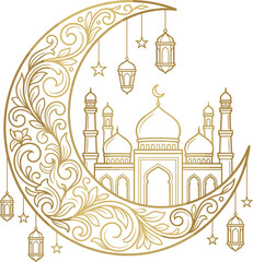 Golden crescent moon with mosque, hanging lanterns, Islamic festive design, elegant Eid or Ramadan celebration decorative artwork
