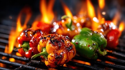 A stunning close-up of assorted grilled peppers on a barbecue grill, showcasing vibrant colors and flames, evoking the excitement and flavors of summer grilling and outdoor cooking.