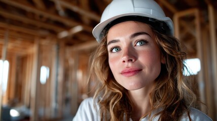 A confident woman wearing a hard hat smiles amidst a construction site, symbolizing the growing presence of women in traditionally male-dominated industries.