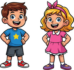 Cute cartoon boy and girl standing happily, smiling kids characters, colorful children illustration for educational materials, comics, posters, and designs