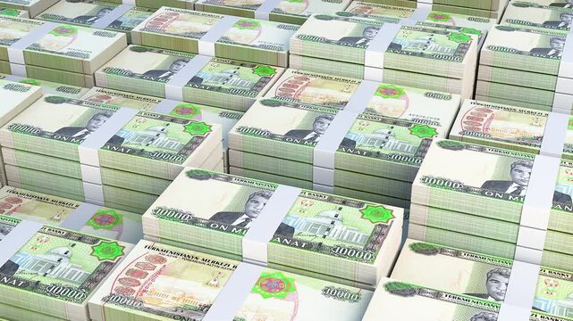 Turkmenistan 10,000 Manat Banknote Horizontal 3D Animation ? Financial Money Flow, Business and Banking Economy, Currency Exchange and Investment Concept