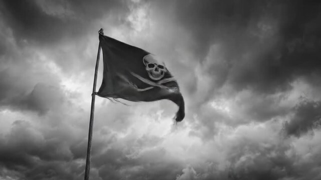 A dark pirate flag with skull and crossbones flaps atop a pole under stormy, clouded skies. ominous!