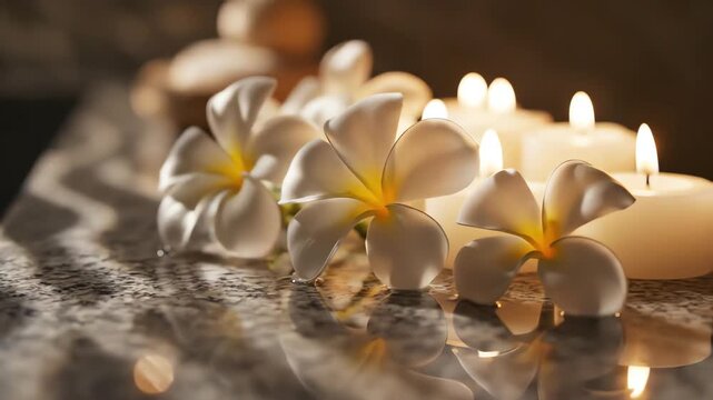 Seamless looping abstract light and shadow patterns slowly shift across an elegant spa setting featuring white plumeria and burning candles on granite motion graphic, decorative, plush fabric