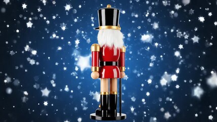 Seamless looping abstract motion background featuring a stylized wooden nutcracker toy surrounded by animated geometric glittering snow particles on a sapphire blue canvas virtual, Seamless, graphic