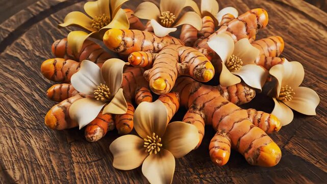Seamless looping abstract macro view of bright turmeric rhizomes and stylized flowers rotating slowly on a richly textured brown wooden cutting board spice, botanical, detail