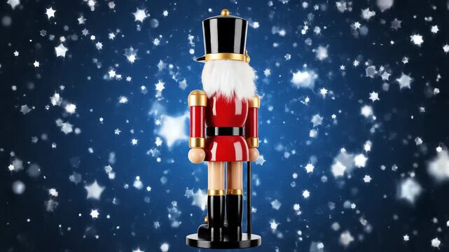 Seamless looping abstract motion background featuring a stylized wooden nutcracker toy surrounded by animated geometric glittering snow particles on a sapphire blue canvas virtual, Seamless, graphic