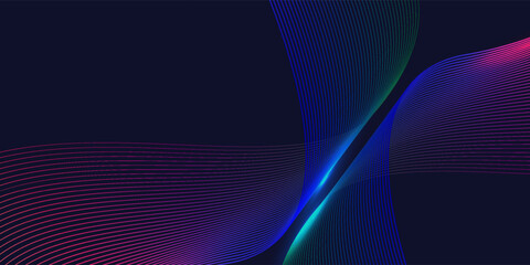 Dark abstract background featuring glowing, flowing wave lines in blue red color gradient. Futuristic design with shiny, smooth motion, perfect for technology-inspired visuals. Vector illustration.